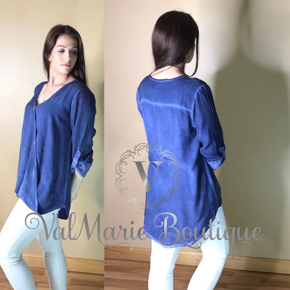 Denim Colored Surplice Button Blouse - Picture 4 of 7